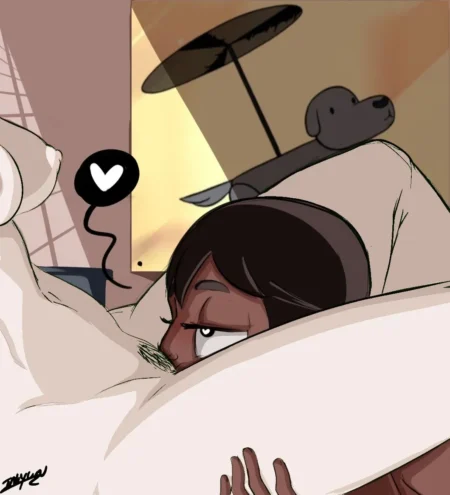 Connie succionando el pezón de Pearl mientras están acostadas en la cama.