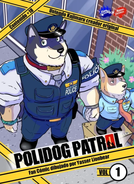 Dos perros antropomórficos policías con uniformes azules y gorras en la portada de Polidog Patrol Vol 1.