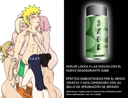 Naruto desnudo rodeado de chicas excitadas que lo tocan mientras se promociona el desodorante Sage.