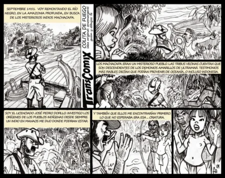 Cómic erótico de una shemale desnuda con pechos y pene erecto junto a un hombre sorprendido en la selva.