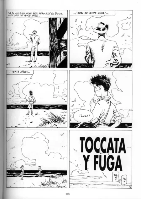 Cómic en blanco y negro de Toccata y Fuga con viñetas de hombres en la playa y texto en español.