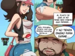 Hilda, entrenadora Pokémon, posa con shorts cortos y top blanco frente a un hombre gordo que la mira con deseo.
