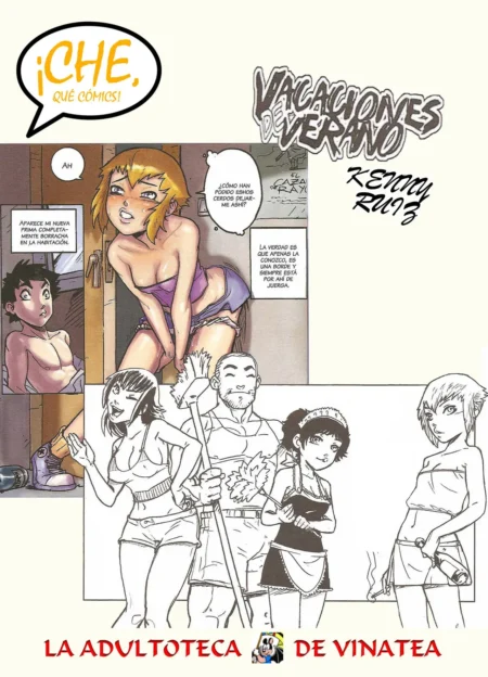 Mujer rubia con top morado y bragas ajustadas exponiendo sus glúteos en un cómic erótico de vacaciones de verano.