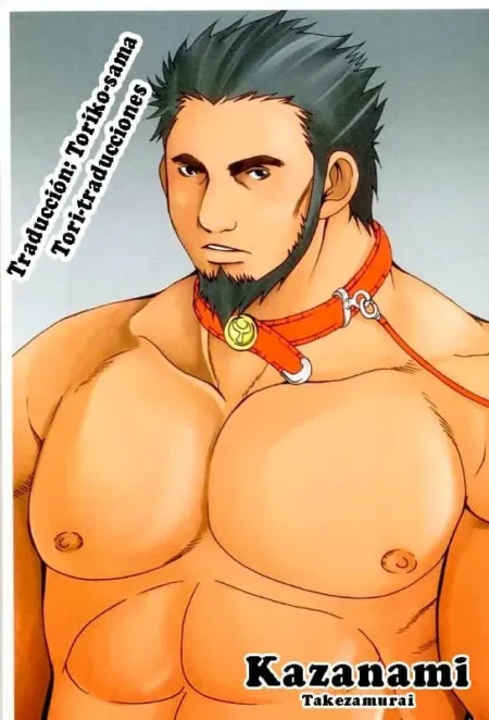Kazanami de Takezamurai con pectorales musculosos y grandes pezones, vistiendo un collar de cuero rojo con correa.