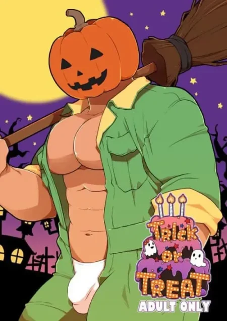 Hombre musculoso con cabeza de calabaza y bata verde abierta exponiendo su torso y bulto genital marcado en ropa interior blanca.