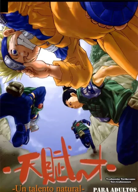 Naruto, Sasuke y Rock Lee en pose de combate con texto de Un Talento Natural para adultos.