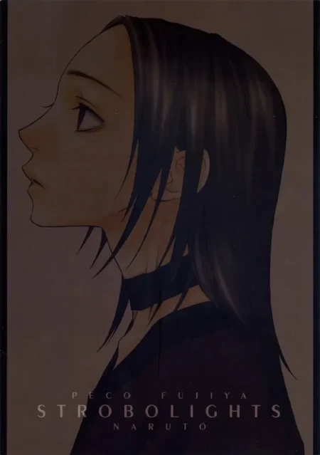 Perfil de mujer anime con cabello negro largo y gargantilla negra sobre fondo neutro estilo Strobolights de Peco Fujiya.