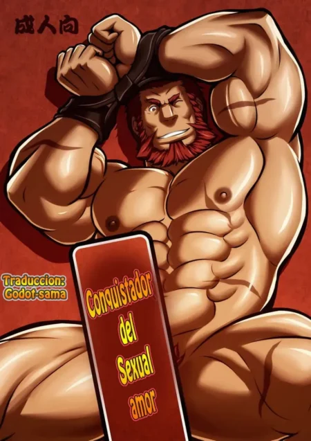 Hombre musculoso con barba roja y torso desnudo posando con los brazos arriba y el pene erecto parcialmente visible.