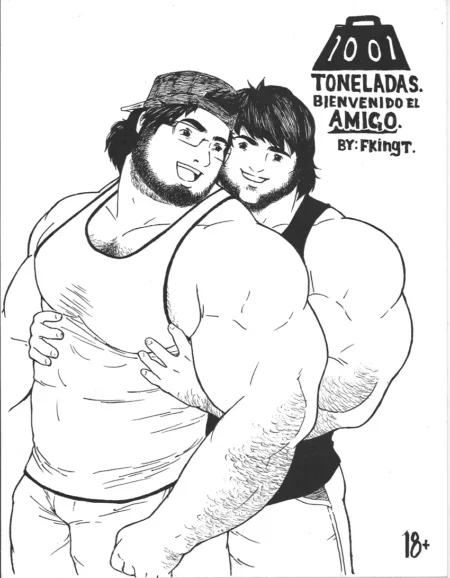 Dos hombres musculosos y barbones abrazándose íntimamente con pectorales y brazos hipertrofiados en dibujo erótico.