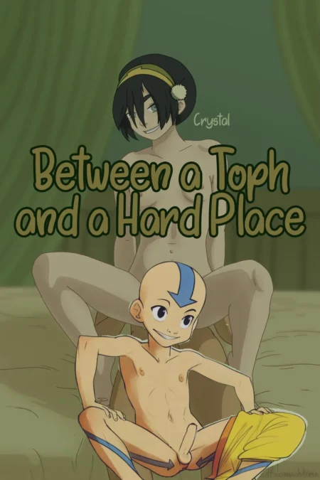 Toph desnuda sentada detrás de Aang mientras él muestra su pene erecto y sonríe frente a la cámara.