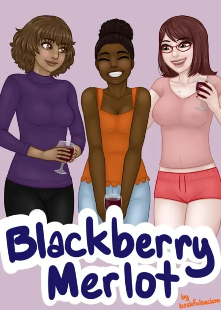 Tres mujeres bebiendo vino tinto con pechos grandes y ropa ajustada en el arte de Blackberry Merlot.
