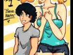 Mujer rubia con coletas y top azul ajustado que resalta sus pechos junto a un hombre joven con camiseta gris.