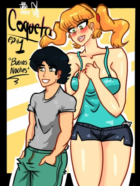 Mujer rubia con coletas y top azul ajustado que resalta sus pechos junto a un hombre joven con camiseta gris.