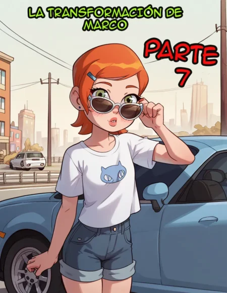 Mujer pelirroja con gafas de sol, camiseta blanca y shorts cortos posando junto a un coche azul en la calle.