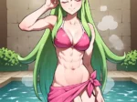 Mujer anime de pelo verde con bikini rosa y toalla anudada que deja ver su pene erecto frente a una piscina.