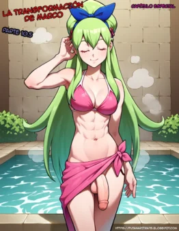 Mujer anime de pelo verde con bikini rosa y toalla anudada que deja ver su pene erecto frente a una piscina.