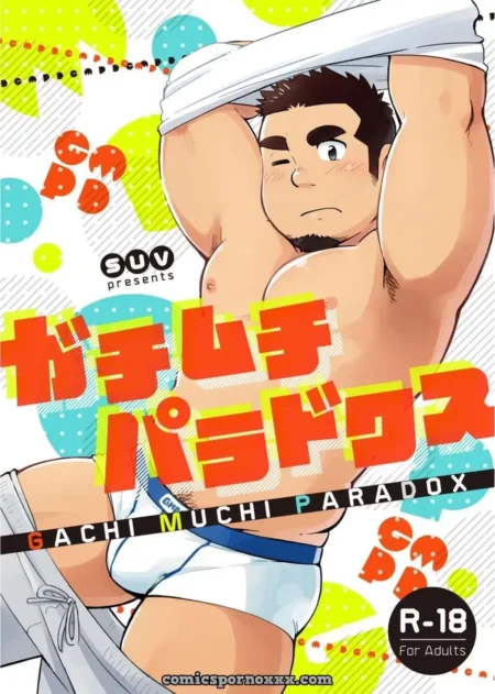Hombre musculoso con vello facial y torso desnudo vistiendo un slip blanco ajustado que marca su erección.