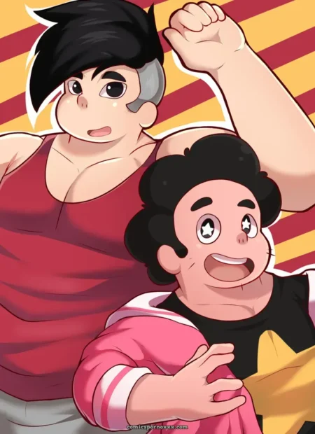 Steven y Connie musculosos abrazados en pose erótica con ropa ajustada.