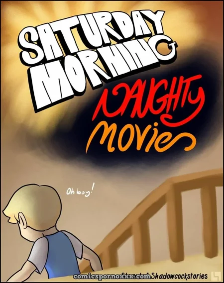 Póster de Saturday Morning Naughty Movies con dibujo de un joven rubio mirando hacia una escalera.