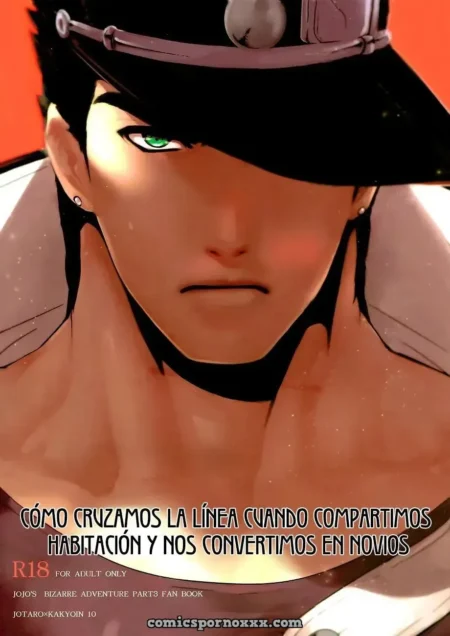 Primer plano sensual de Jotaro Kujo con mirada intensa y pecho musculoso descubierto en estilo anime erótico.