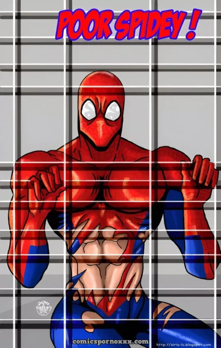 Spider-Man con el traje roto y abdomen expuesto atrapado tras unos barrotes metálicos en Poor Spidey.