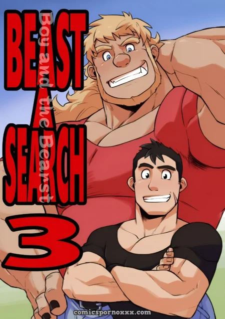 Dos hombres musculosos y fuertes posando juntos en la portada del cómic gay Beast and the Beast Search 3.