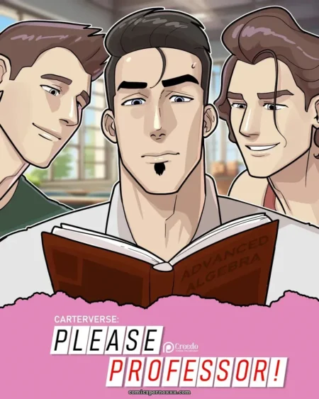 Tres hombres atractivos posan junto al libro de álgebra avanzada de la serie erótica Please Professor de Carterverse.
