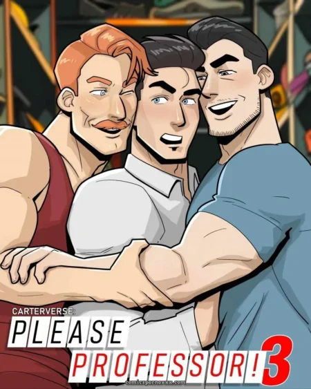 Tres hombres musculosos abrazados sonriendo en una escena erótica de Please Professor Parte 3 de Carterverse.
