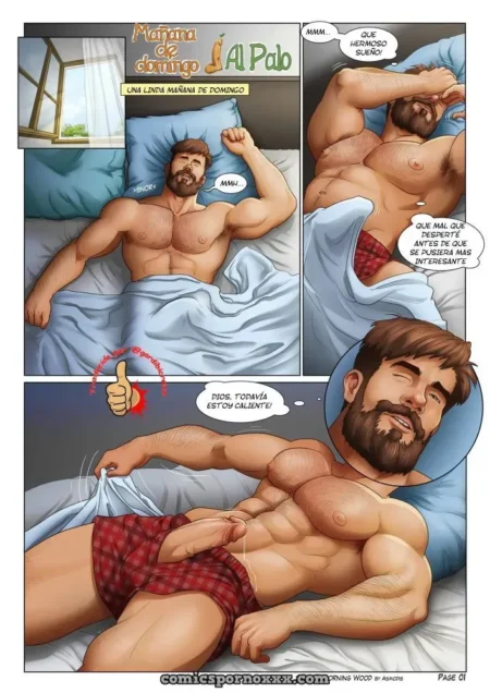 Hombre musculoso con barba y bóxer rojo acostado en la cama con una erección marcada que sobresale de su ropa interior.