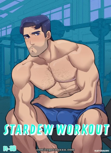 Hombre musculoso con vello pectoral en ropa interior azul ajustada que marca su bulto genital en un gimnasio.