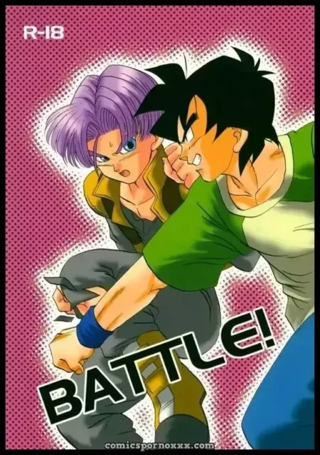 Goten y Trunks peleando intensamente en una batalla de sexo gay con expresiones excitadas y cuerpos sudorosos.