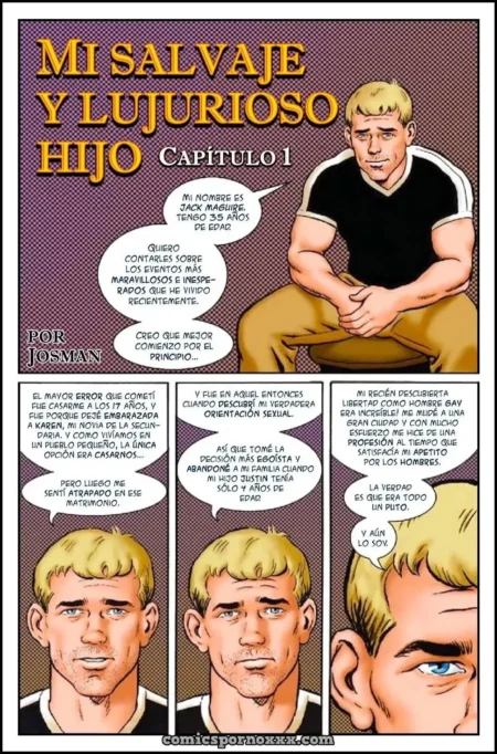 Portada de cómic gay de incesto con un hombre rubio musculoso sentado, titulada Mi Salvaje y Lujurioso Hijo Capítulo 1.