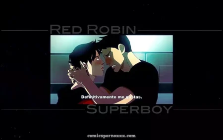 Red Robin y Superboy se besan apasionadamente mientras se agarran el cuello en una escena gay erótica.