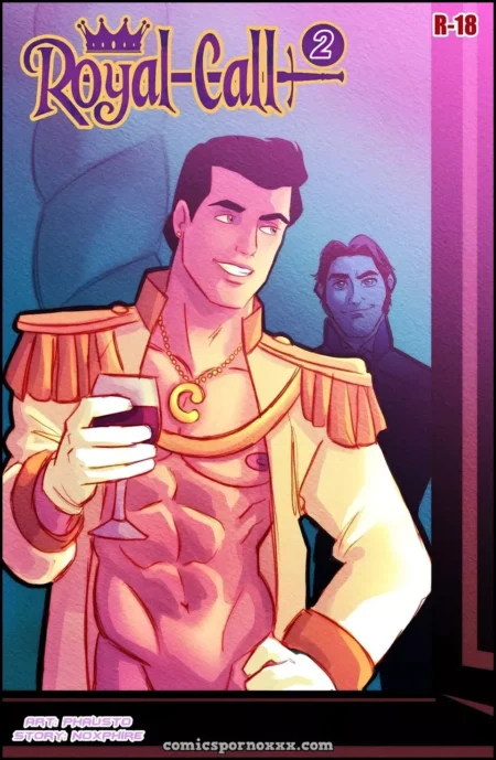 Hombre musculoso con chaqueta militar abierta, pecho desnudo y copa de vino junto a otro hombre en Royal Call 2.