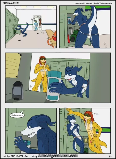Dos hombres lobo antropomórficos, uno azul y otro amarillo, desnudos en un vestuario mirando sus genitales y traseros.