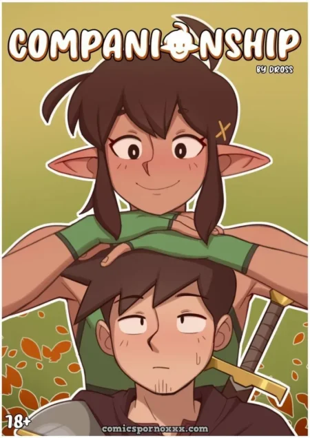 Dos elfos gays con orejas puntiagudas y mejillas sonrojadas abrazados en una ilustración erótica de Companionship.