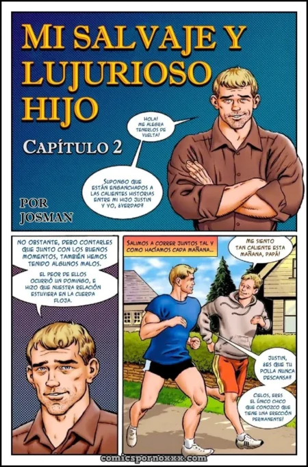 Cómic erótico de Mi Salvaje y Lujurioso Hijo con hombres musculosos hablando sobre erecciones permanentes.