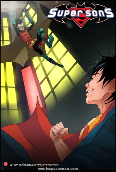 Robin y Jon Kent de Super Sons en una escena erótica con sexo explícito y penetración.