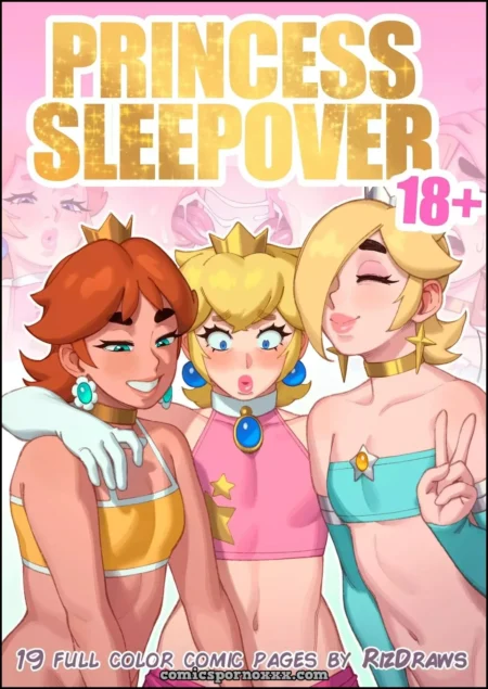 Princesas Daisy, Peach y Rosalina semidesnudas con tops cortos y coronas en una fiesta de pijamas erótica.