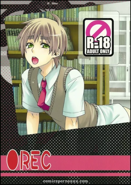 REC de Axis Powers Hetalia gimiendo en cuatro puntos en una biblioteca con ropa escolar.