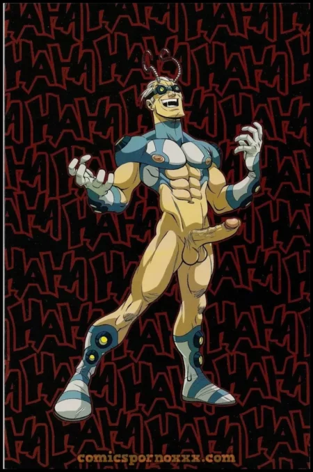 Superhéroe musculoso con traje azul corto, gafas y antenas, posando desnudo con el pene erecto sobre fondo rojo.
