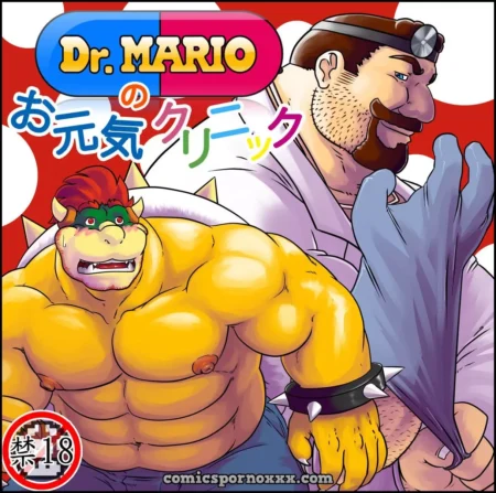 Bowser musculoso y desnudo del torso frente al Dr. Mario en la Clínica de Salud del Dr. Mario.