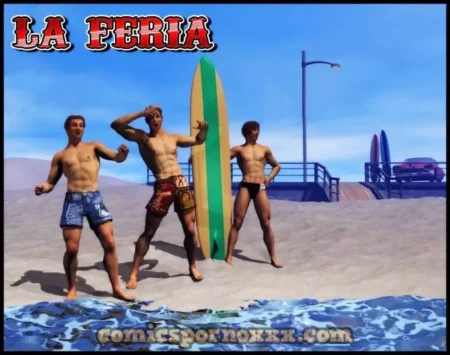Tres hombres musculosos y sin camiseta posan en la playa con tablas de surf vistiendo shorts cortos y ajustados.