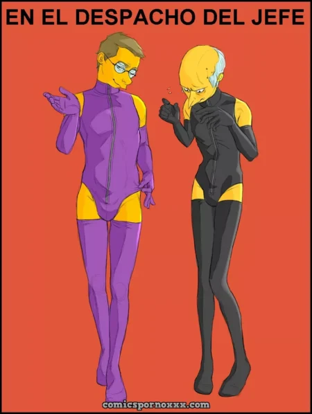 Waylon Smithers y el Sr. Burns posan con trajes ajustados de lycra y cremalleras abiertas en el despacho del jefe.