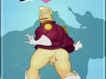 Zapp Brannigan con el uniforme levantado exponiendo su pene y testículos mientras posa frente a una silueta musculosa.