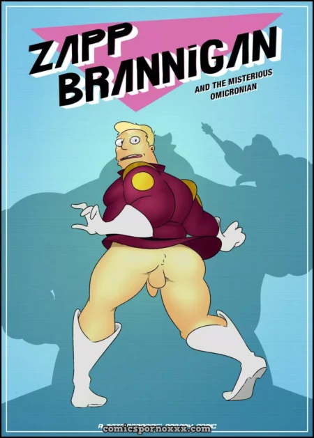 Zapp Brannigan con el uniforme levantado exponiendo su pene y testículos mientras posa frente a una silueta musculosa.
