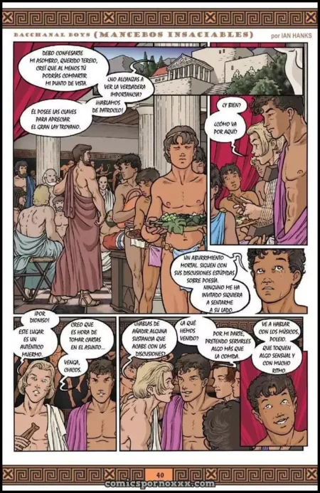 Página de cómic erótico de Mancebos Insaciables con hombres jóvenes semidesnudos en un banquete griego antiguo.