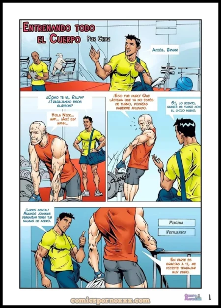 Entrenador musculoso con camiseta amarilla y gay maduro con camiseta naranja hablando en un gimnasio.