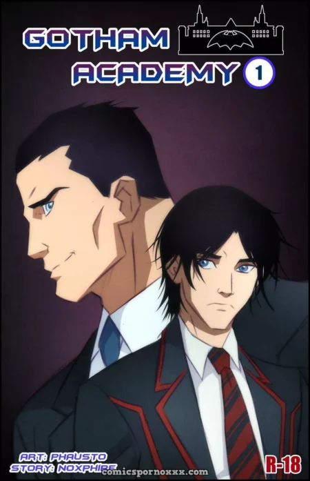 Dos hombres adultos con trajes escolares de Gotham Academy posando juntos en un dibujo erótico R-18.