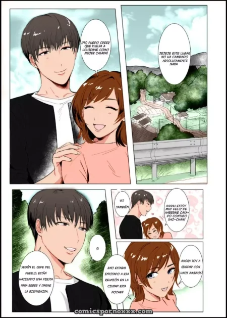 Pareja de jóvenes adultos conversando alegremente en un entorno rural en paneles de manga hentai.